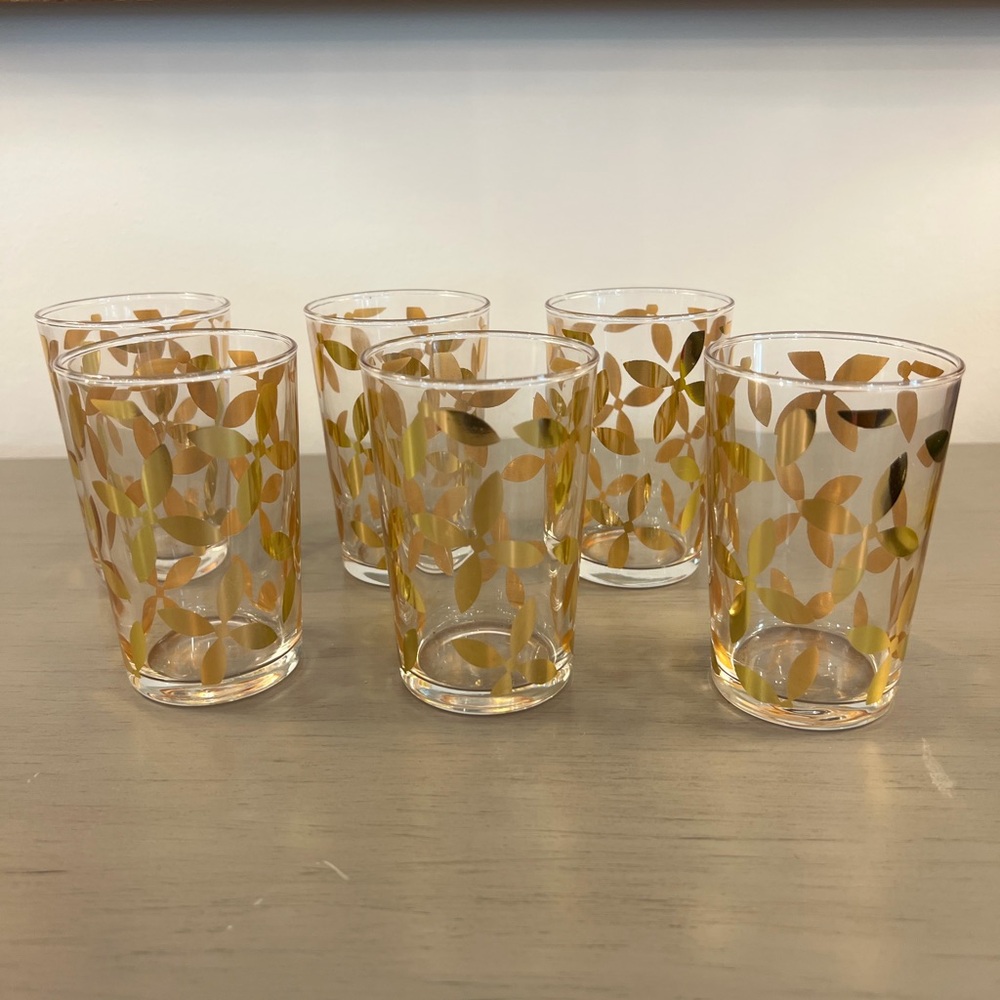 Scents & Feel Tea Glasses Set of 6 Clear Plume Gold Hand-Painted Juice Cup ARC